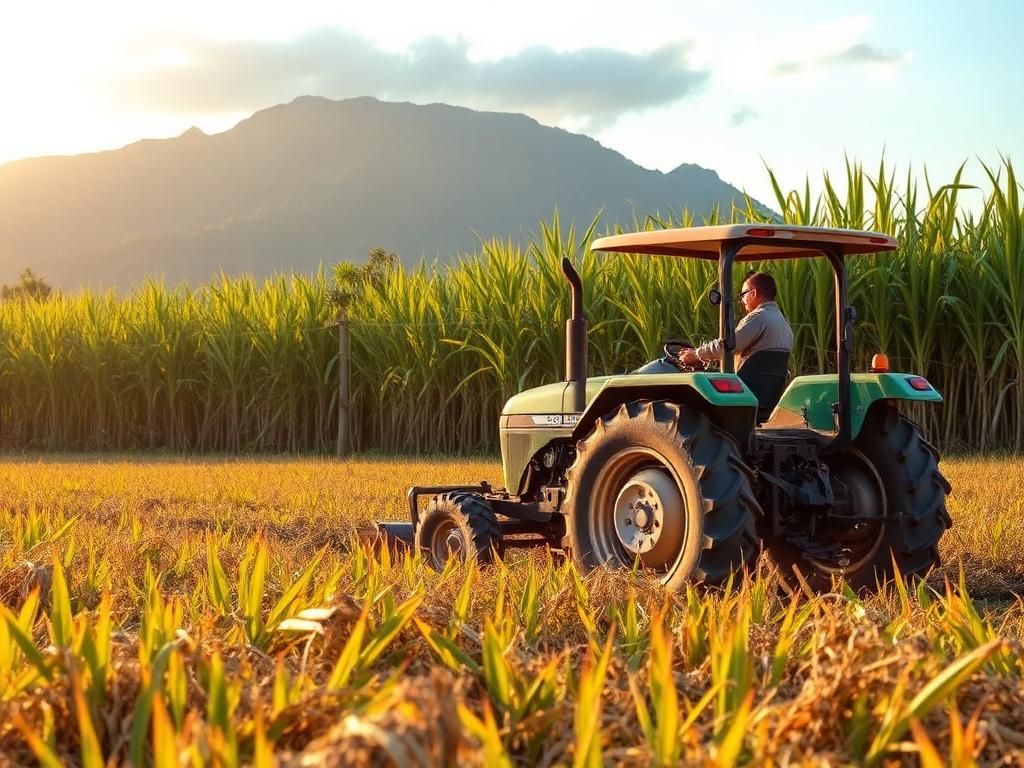 Un tracteur dans un champ de canne à sucre, au pied d'une montagne