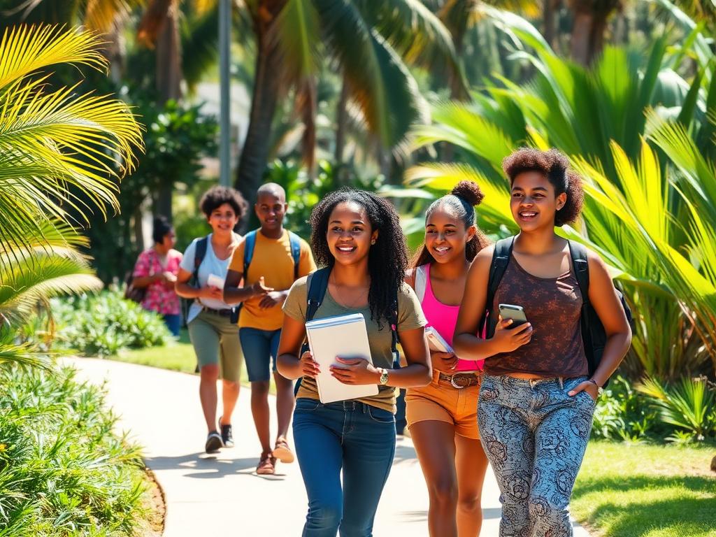 Un groupe d'étudiants souriants marchant dans un parc tropical