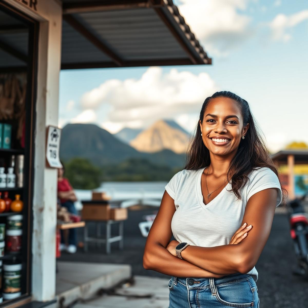 Une commerçante souriante devant sa boutique, avec un volcan en arrière-plan